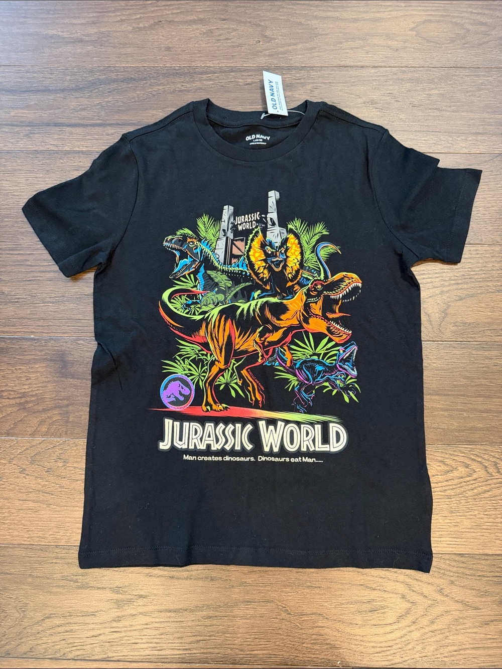 Old Navy Black Jurassic World Neon Dinosaur Graphic Tee Size Large 10/12 NWT- P3